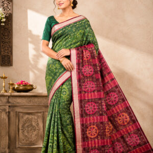 Elegant Green & Maroon Ikat Pattern Saree | Traditional Festive Drape