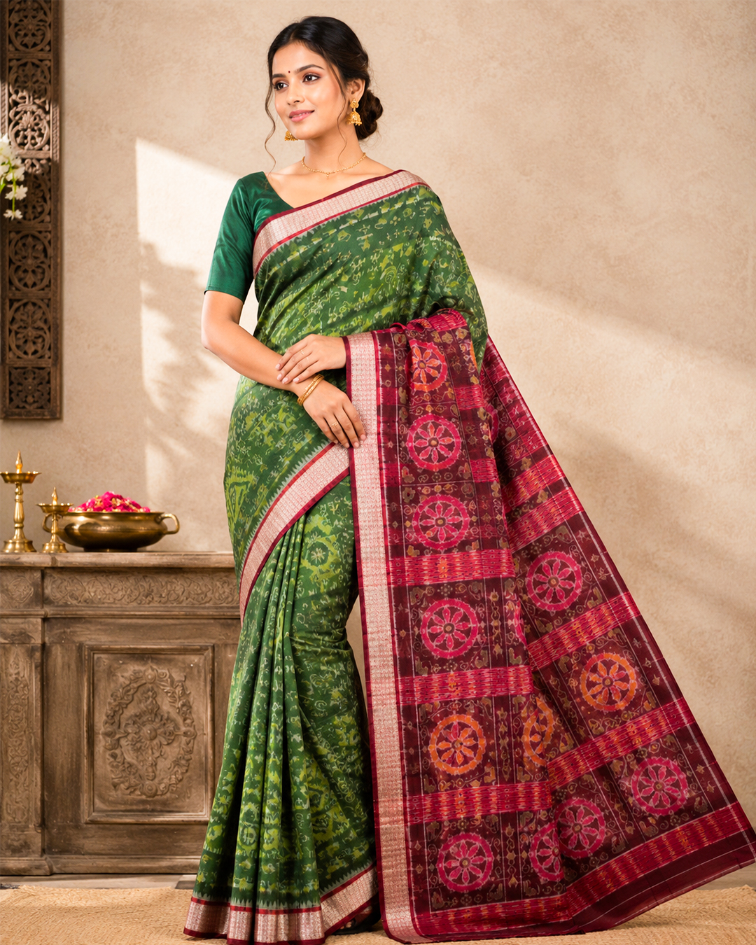 Elegant Green & Maroon Ikat Pattern Saree | Traditional Festive Drape