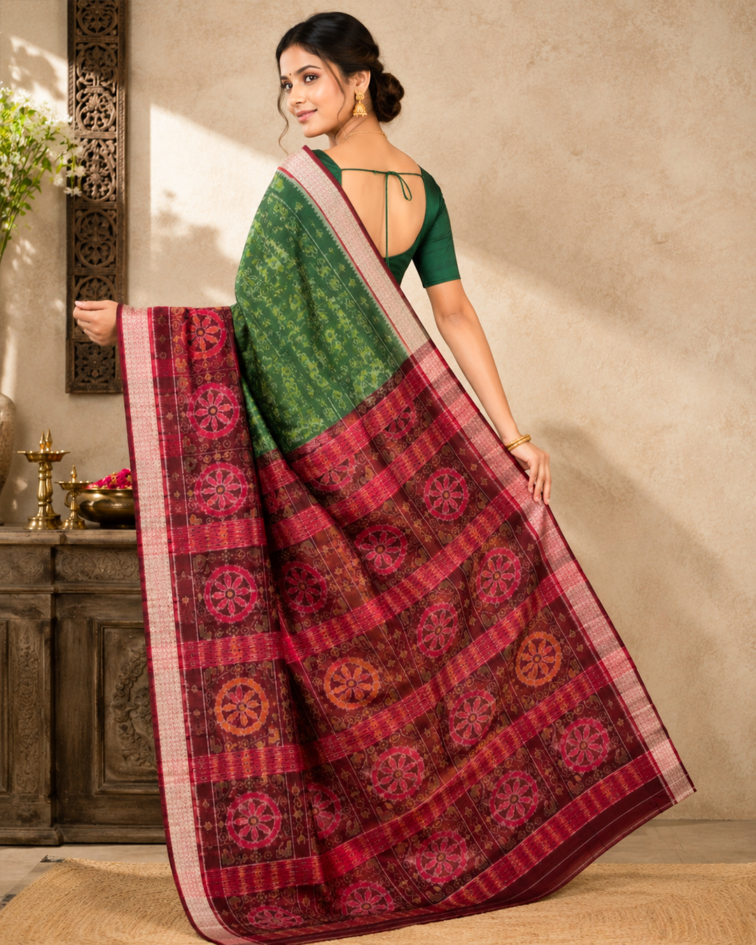 Elegant Green & Maroon Ikat Pattern Saree | Traditional Festive Drape - Image 3